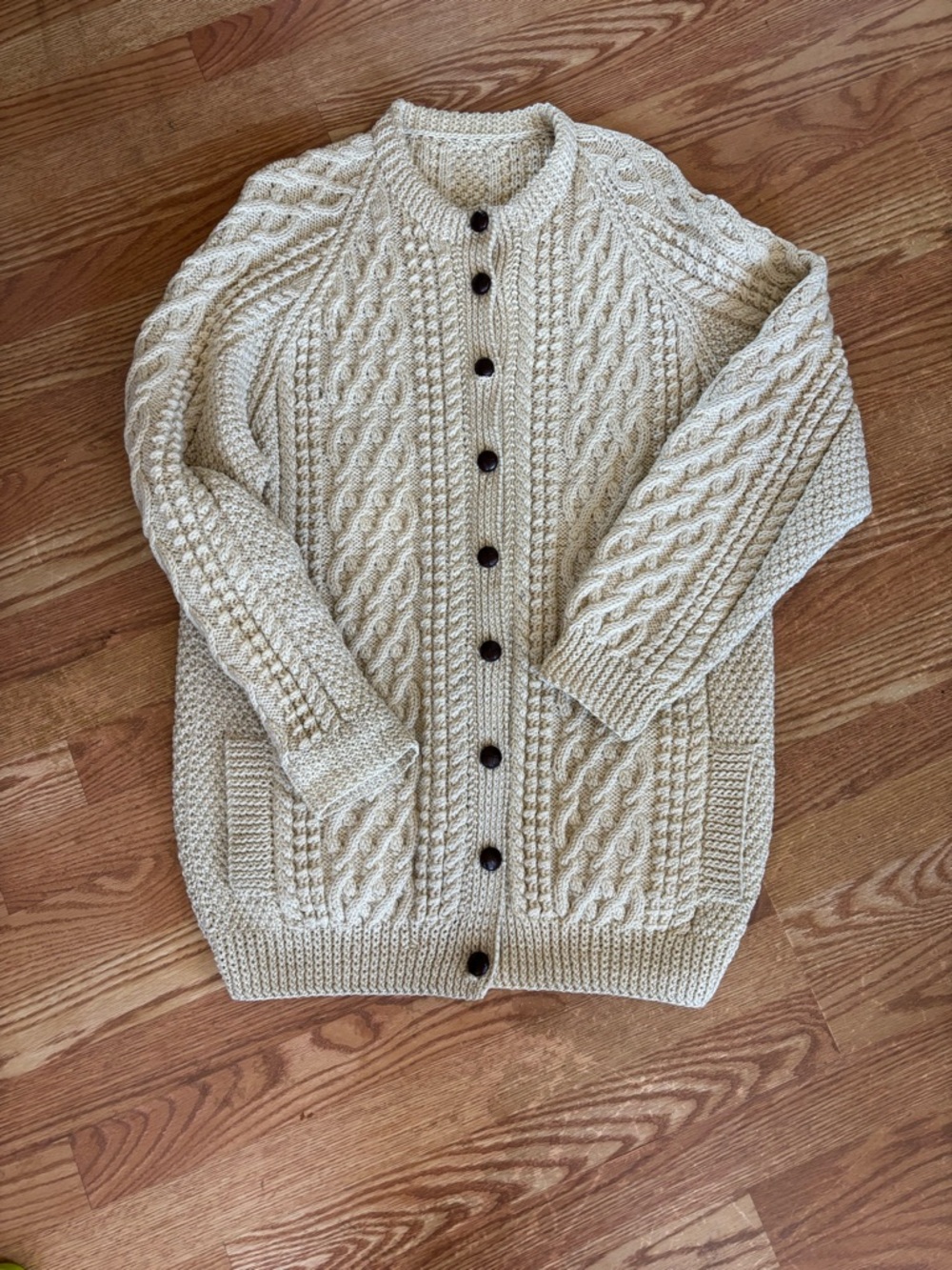 Chunky 100% Wool Cable Knit Cardigan Fisherman Cream Oversized - Picture 2 of 9